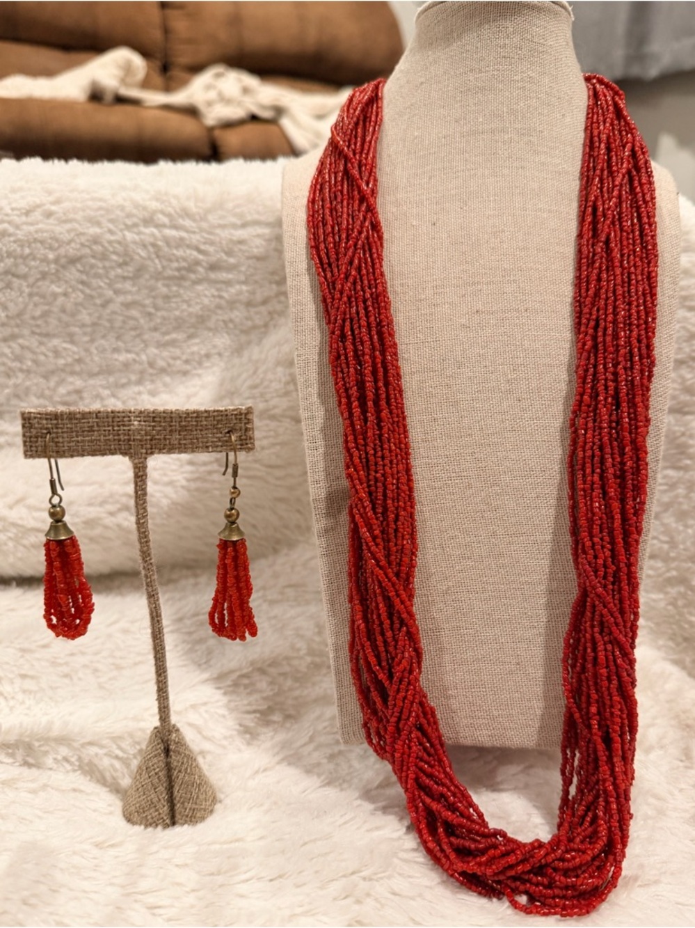 Vintage Native American Coral Red Seed Bead Multi-Strand Necklace & Earrings